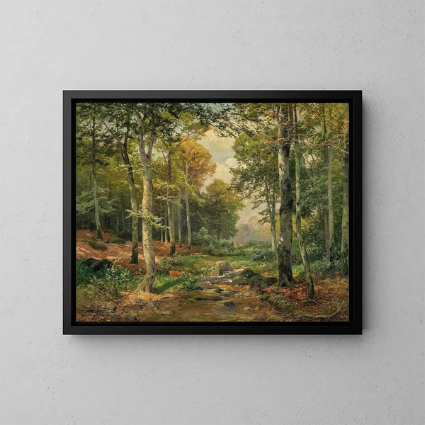 Eine sonnige Waldlandschaft mit einem Reh - Heinrich Böhmer — gerahmtes Bild an der Wand
