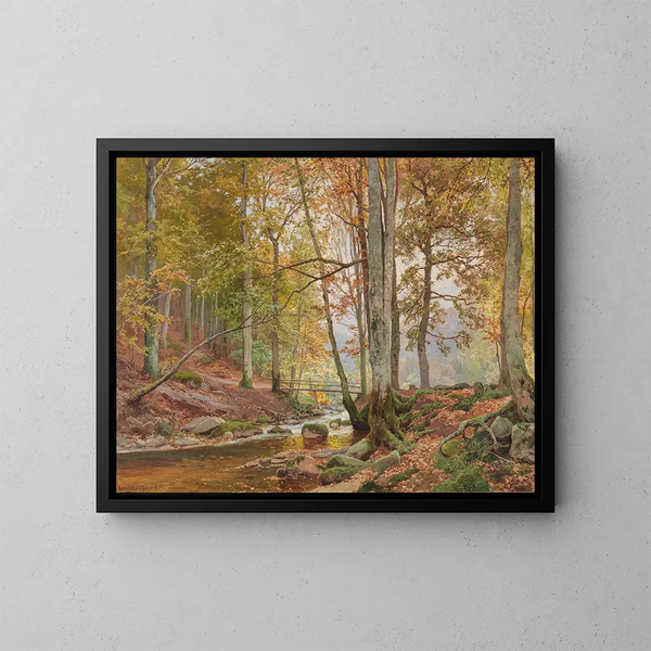 Holz des Herbstes mit einer Brücke über einem Bach - Heinrich Böhmer — gerahmtes Bild an der Wand