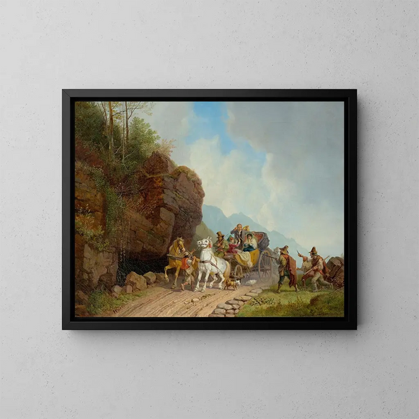 Angriff der Bänder auf eine Postkutsche - Heinrich Bürkel — gerahmtes Bild an der Wand