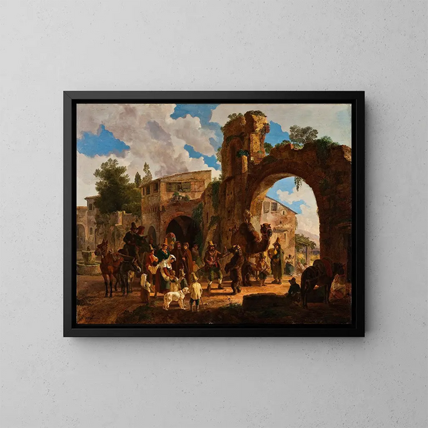 Die Bären der Zirkusvorführungen kommen in ein italienisches Dorf - Heinrich Bürkel — gerahmtes Bild an der Wand