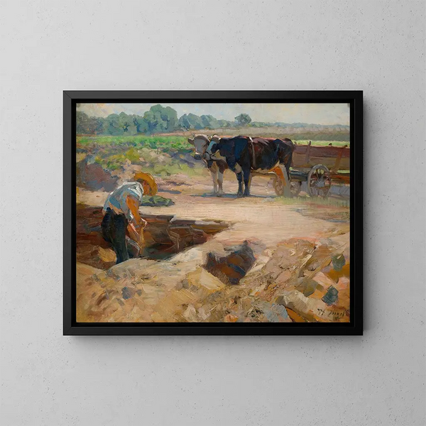 Ein Torfbauer mit einem Team von Ochsen - Heinrich von Zügel — gerahmtes Bild an der Wand