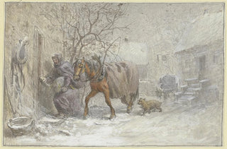 Heinrich Winter - Gutshof im Winter ein Pferd wird vom Kutscher in den Stall gefhrt.webp