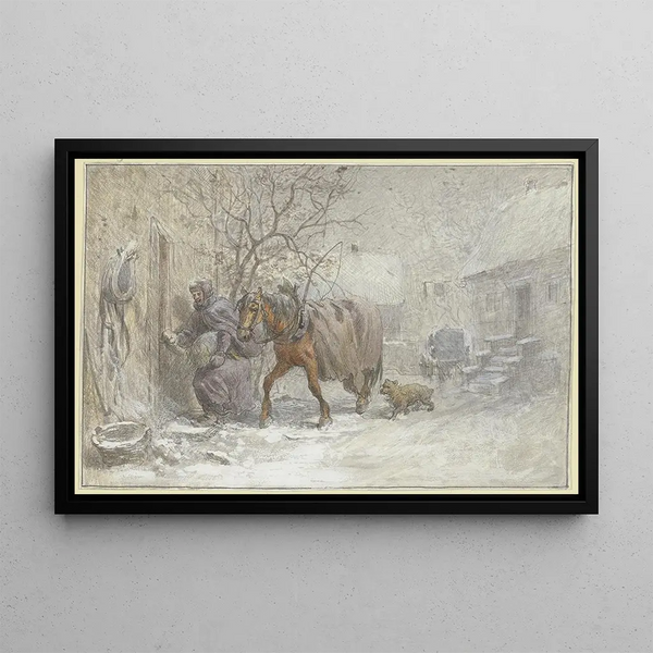 Heinrich Winter - Gutshof im Winter ein Pferd wird vom Kutscher in den Stall gefhrt.webp