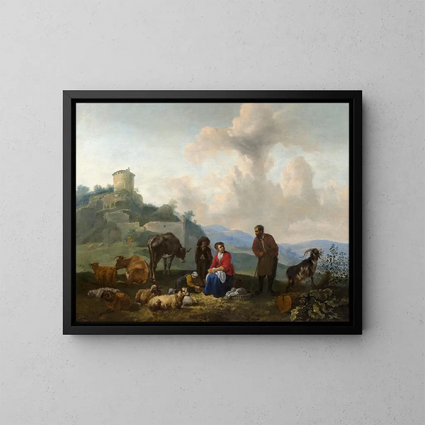 Familien von Hirten am Fuße antiker Ruinen und Familien von Hirten am Flussufer - Hendrick Mommers — gerahmtes Bild an der Wand