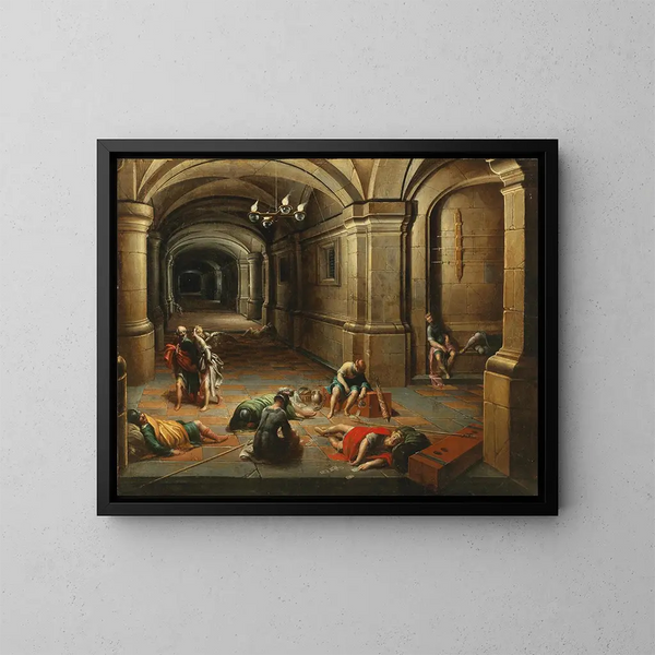 Innenhof mit der Befreiung des heiligen Petrus - Hendrick van Steenwijck der Jüngere — gerahmtes Bild an der Wand