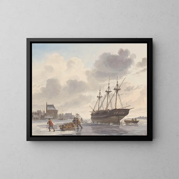 Boot im Eis auf einem Fluss in der Nähe einer Stadt - Hendrik Abraham Klinkhamer — gerahmtes Bild an der Wand