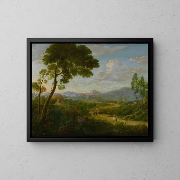 Landschaftsbild erweitert mit Reisenden auf einer Straße, römische Tempel im Hintergrund - Hendrik Frans van Lint — gerahmtes Bild an der Wand