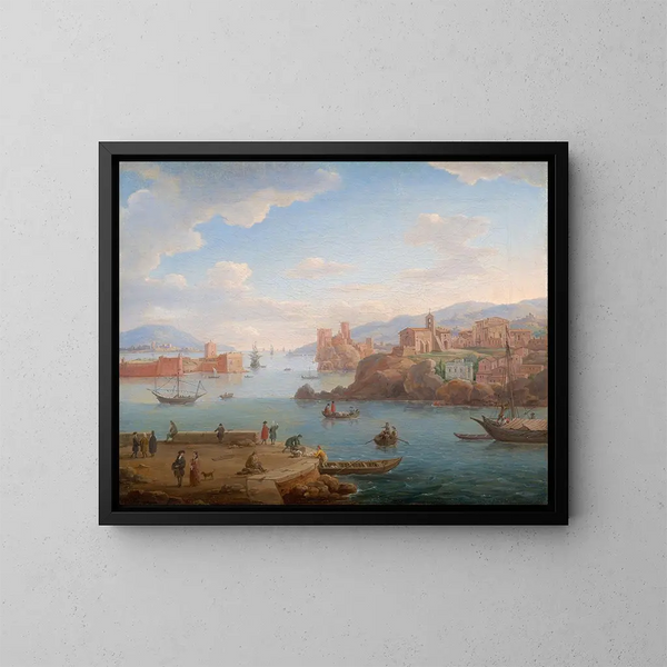 Ansicht eines mediterranen Hafens - Hendrik Frans van Lint — gerahmtes Bild an der Wand