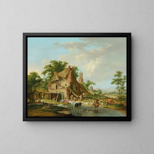 Ein Wassermühle mit Bauernhoftieren und Bauern in einer Landschaft im Hintergrund - Hendrik Meijer — gerahmtes Bild an der Wand