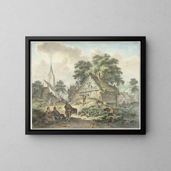 Haus in Ruinen und Dorfe Kirche - Hendrik Meijer — gerahmtes Bild an der Wand