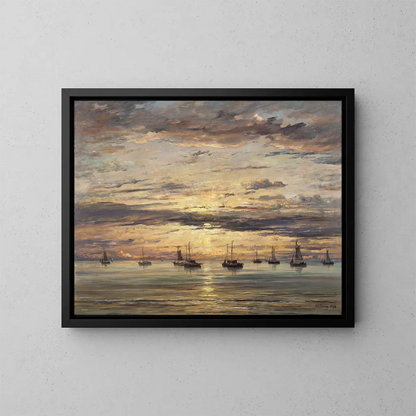 Sonnenuntergang in Scheveningen, eine Flotte von Fischerkähnen vor Anker - Hendrik Willem Mesdag — gerahmtes Bild an der Wand