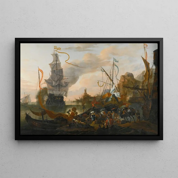 Hendrik van Minderhout - A Levantine Harbour With A Galley And A ManOfWar Coming In To Anchor Together With Many Figures On Shore.webp