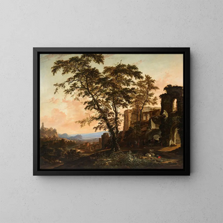 Hendrik van Minderhout - An extensive Rhenish landscape with peasants and animals resting in the shade of Romanesque ruins.webp