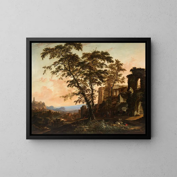 Ein weites rheinisches Landschaft mit Bauern und Tieren, die im Schatten römischer Ruinen ruhen - Hendrik van Minderhout — gerahmtes Bild an der Wand