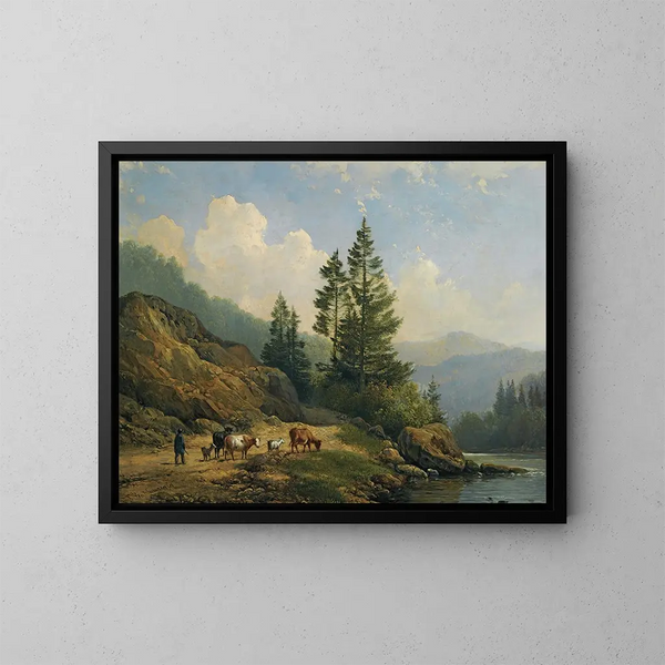 Ein Herde Rinder in einer bergigen Landschaft - Hendrikus van de Sande Bakhuyzen — gerahmtes Bild an der Wand