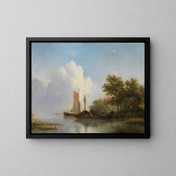 Bateaux et navires sur une rive boisée - Hendrikus van de Sande Bakhuyzen — gerahmtes Bild an der Wand