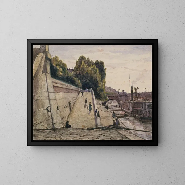 Die Bäder der Samariterin, die Seine am Quai du Louvre, 1. Arrondissement - Henri-Joseph Harpignies — gerahmtes Bild an der Wand