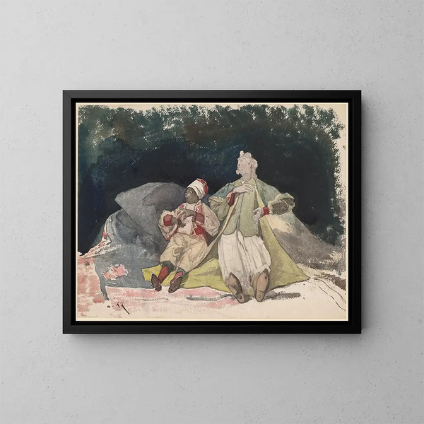 Zwei Puppen oder Marionetten, die auf Kissen sitzen - Henri-Joseph Harpignies — gerahmtes Bild an der Wand