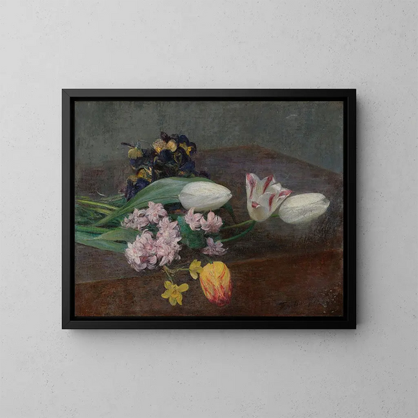 Hyazinthen, Tulpen und Stiefmütterchen auf einem Tisch - Henri Fantin-Latour — gerahmtes Bild an der Wand