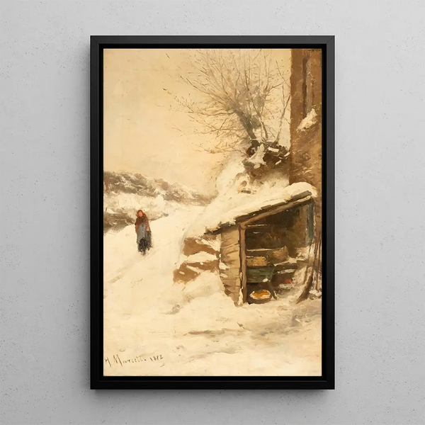 Landhaus-Gemälde in einer verschneiten Landschaft - Henri Joseph Marcette — gerahmtes Bild an der Wand
