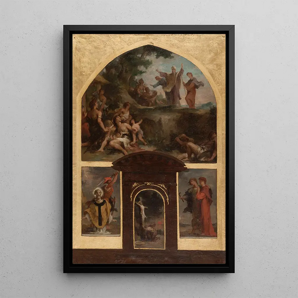 Predigt von Sankt Dionysius und Bekehrung der Gallier Enthauptung von Sankt Dionysius Christus am Kreuz Sankt Rustikus und Sankt Eleutherius - Henri Léopold Lévy — gerahmtes Bild an der Wand
