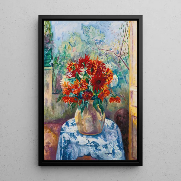 Dahlias auf der Terrasse von Loustalet Saint-Tropez - Henri Manguin — gerahmtes Bild an der Wand
