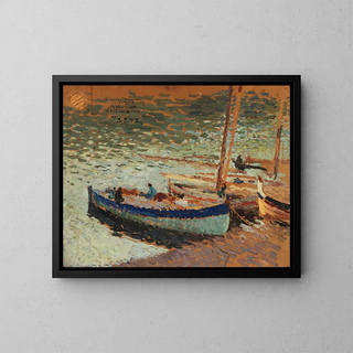 Blumenstrauß aus Gänseblümchen und Boote im Hafen - Henri Martin — gerahmtes Bild an der Wand