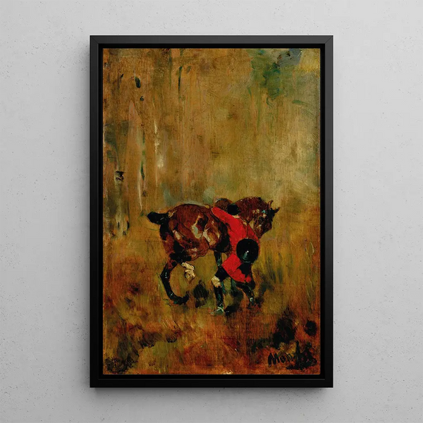 Cavalier de chasse à courre ressanglant son cheval - Henri de Toulouse-Lautrec — gerahmtes Bild an der Wand