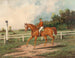 Rennpferd braun mit Jockey auf einer Trainingsbahn und einer bewaldeten Landschaft im Hintergrund - Henry Herman Cross — Ansicht des Kunstwerks