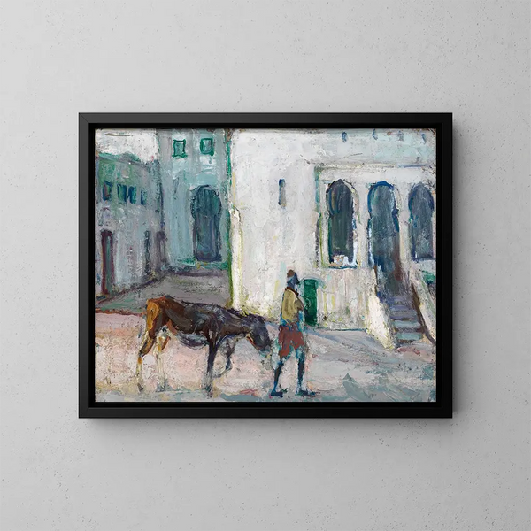 Straßenszene in Tanger, Mann fährt einen Kälber - Henry Ossawa Tanner — gerahmtes Bild an der Wand