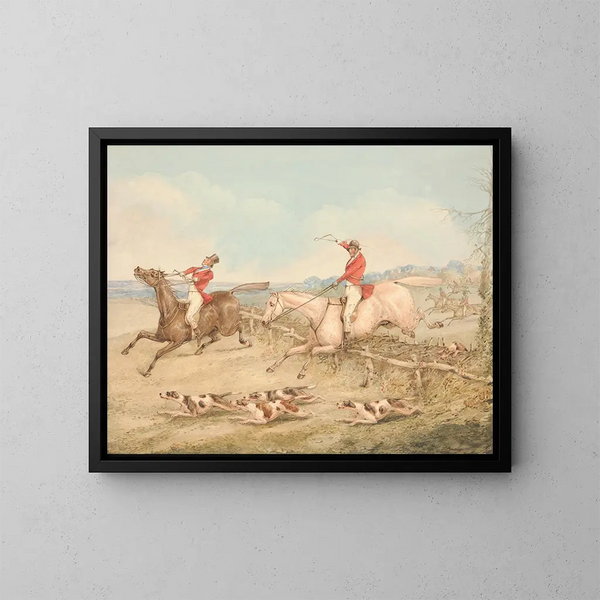 Sauter un oxer double Un cavalier en difficulté - Henry Thomas Alken — gerahmtes Bild an der Wand