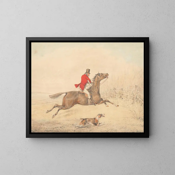 Cavalier sur un cheval brun s'apprêtant à sauter une clôture à droite - Henry Thomas Alken — gerahmtes Bild an der Wand