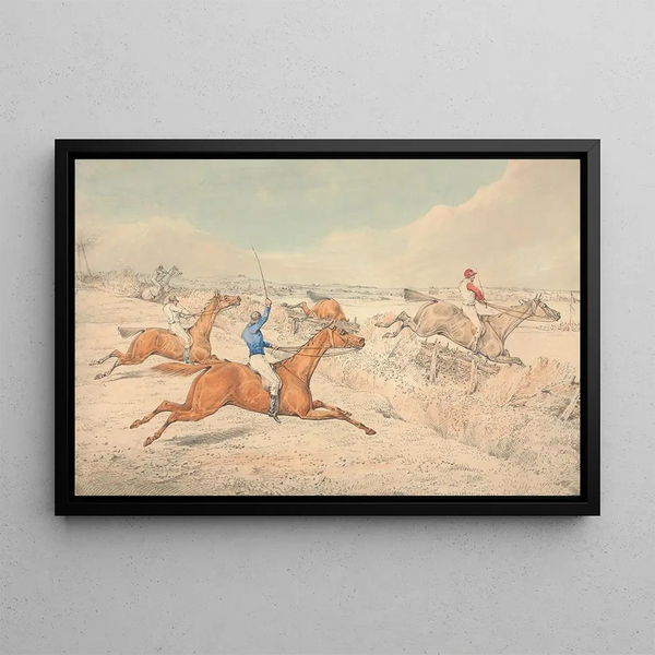 Hürdenlauf, Vier Reiter, die eine Grube und einen Oxer überwinden - Henry Thomas Alken — gerahmtes Bild an der Wand
