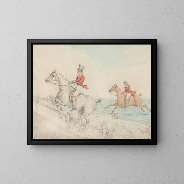 Zwei Reiter, die eine doppelte Barriere überwinden - Henry Thomas Alken — gerahmtes Bild an der Wand