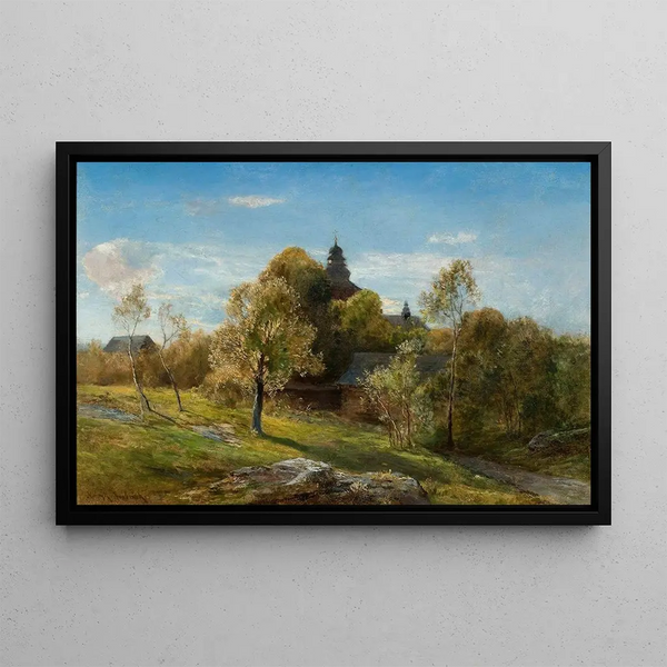 Landschaft mit einer versteckten Kirche hinter den Bäumen - Henryk Grabowski — gerahmtes Bild an der Wand