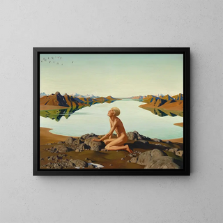 Der Vogelflug, Junge am Ufer eines Bergsees - Herbert von Reyl-Hanisch — gerahmtes Bild an der Wand