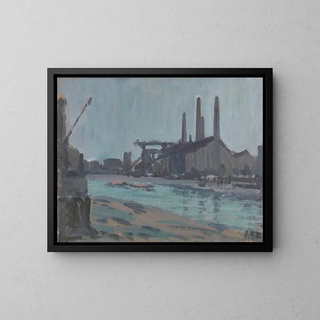 Landschaftsgemälde mit Industriegebäuden am Flussufer - Hercules Brabazon Brabazon — gerahmtes Bild an der Wand