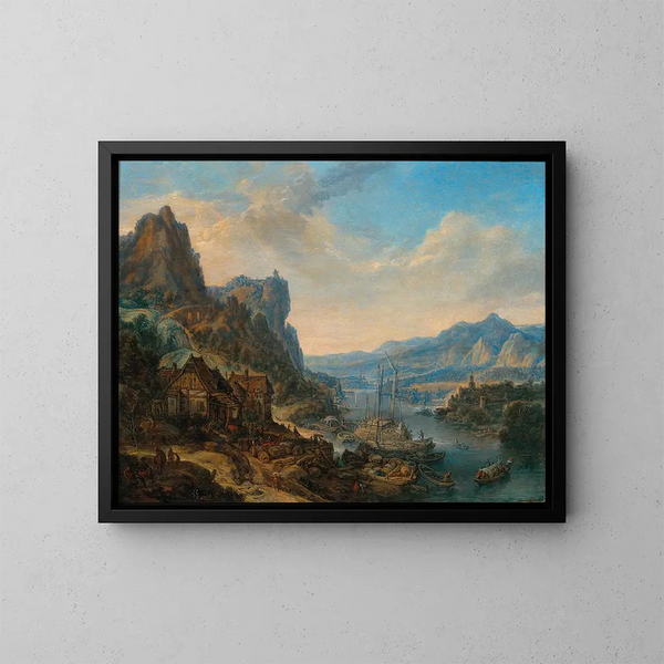 Ein flusslandschaft am Rhein mit Handelsschiffen - Herman Saftleven — gerahmtes Bild an der Wand