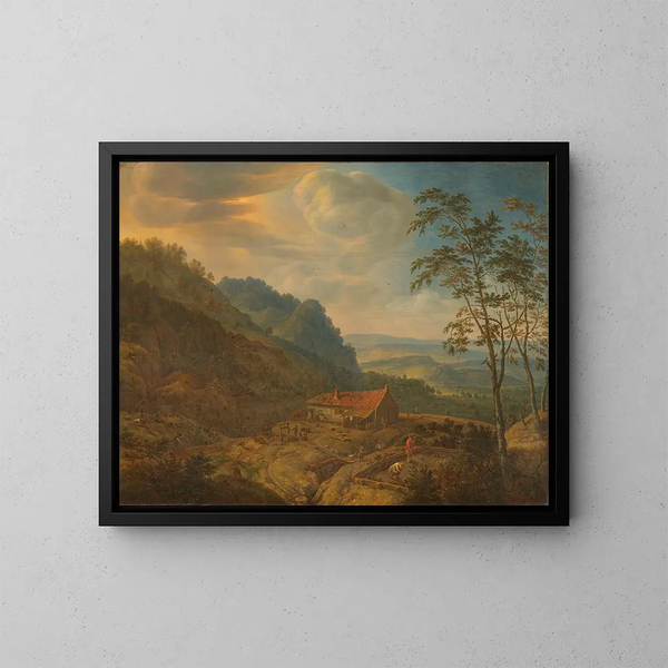 Landschaft mit Bauernhof in den Bergen - Herman Saftleven — gerahmtes Bild an der Wand
