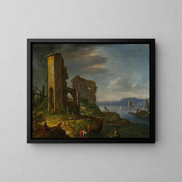 Flusslandschaft mit Ruinen, Booten und Figuren - Herman Saftleven — gerahmtes Bild an der Wand