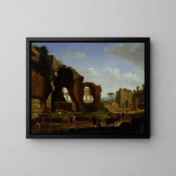 Eine römische Ansicht der Ruinen des Venus- und Rom-Tempels mit dem Kolosseum und dem Konstantinbogen - Herman van Swanevelt — gerahmtes Bild an der Wand