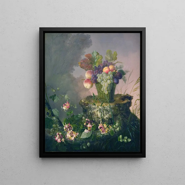 Hermania Neergaard - Blomsterkurv Med Frugt Ved En Trstub.webp