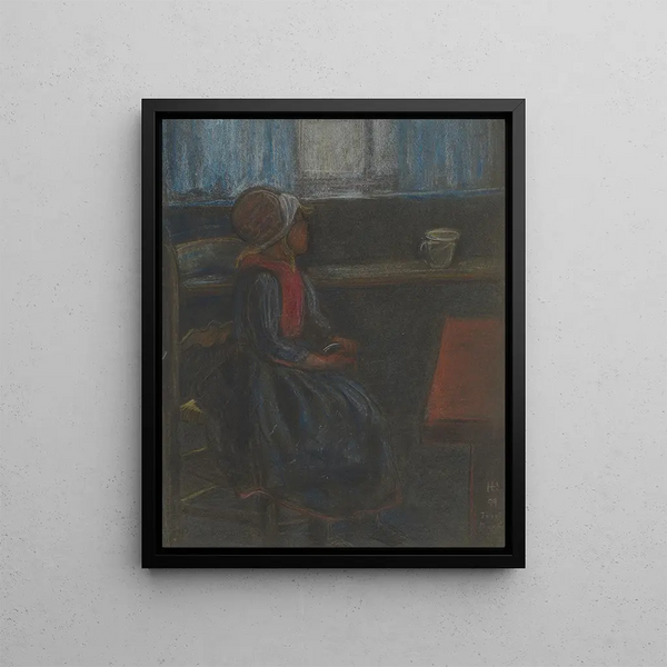 Mädchen in Profilansicht, die durch das Fenster nach rechts schaut - Hermann Lismann — gerahmtes Bild an der Wand