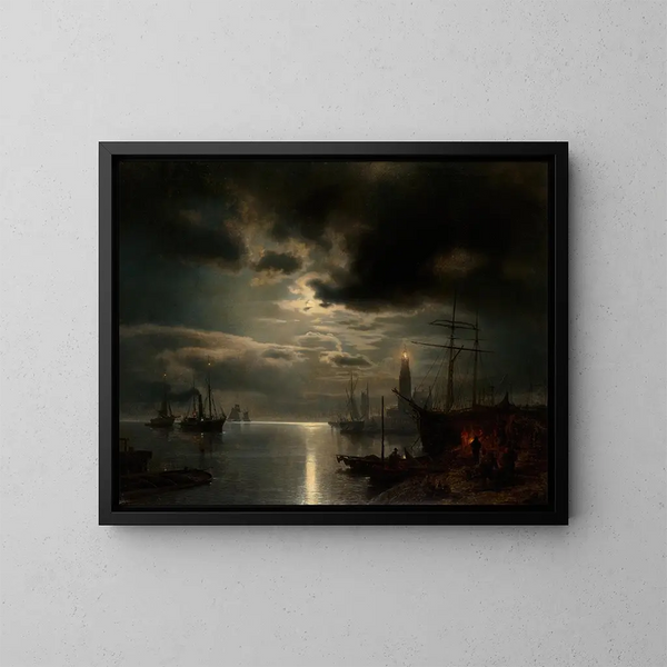 Ein Hafen im Mondschein - Hermann Ottomar Herzog — gerahmtes Bild an der Wand