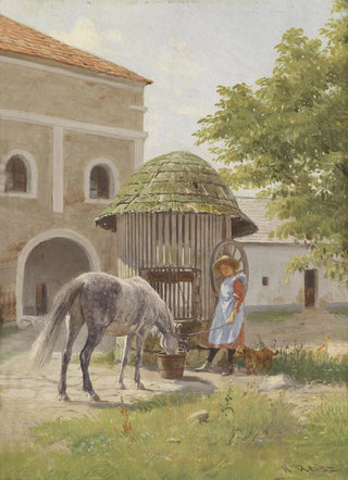 Hermann Reisz - Mdchen mit Pferd am Brunnen.webp