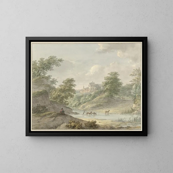 Landschaft mit sitzendem Zeichner und Schloss am Wasserufer - Hermanus Numan — gerahmtes Bild an der Wand