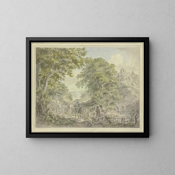 Landschaft mit Bäumen mit einem zweispännigen Wagen links - Hermanus van Brussel — gerahmtes Bild an der Wand