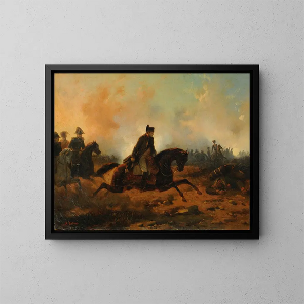Napoleon bei Waterloo reitend - Hippolyte Bellangé — gerahmtes Bild an der Wand