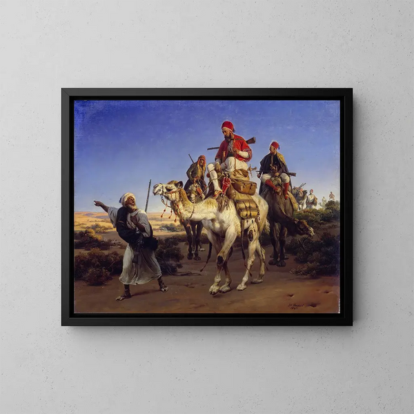L'kunstwerk des Künstlers und seiner Begleiter, die durch die Wüste reisen - Horace Vernet — gerahmtes Bild an der Wand