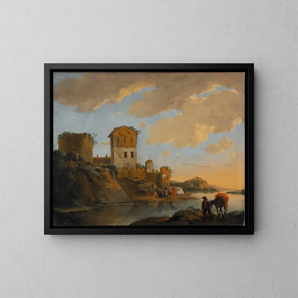 Italienisches Flusslandschaft-Gemälde mit Ruinen - Horatius de Hooch — gerahmtes Bild an der Wand